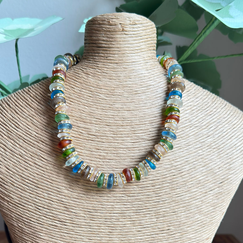 Neutral Glass Bead & Crystal Necklace