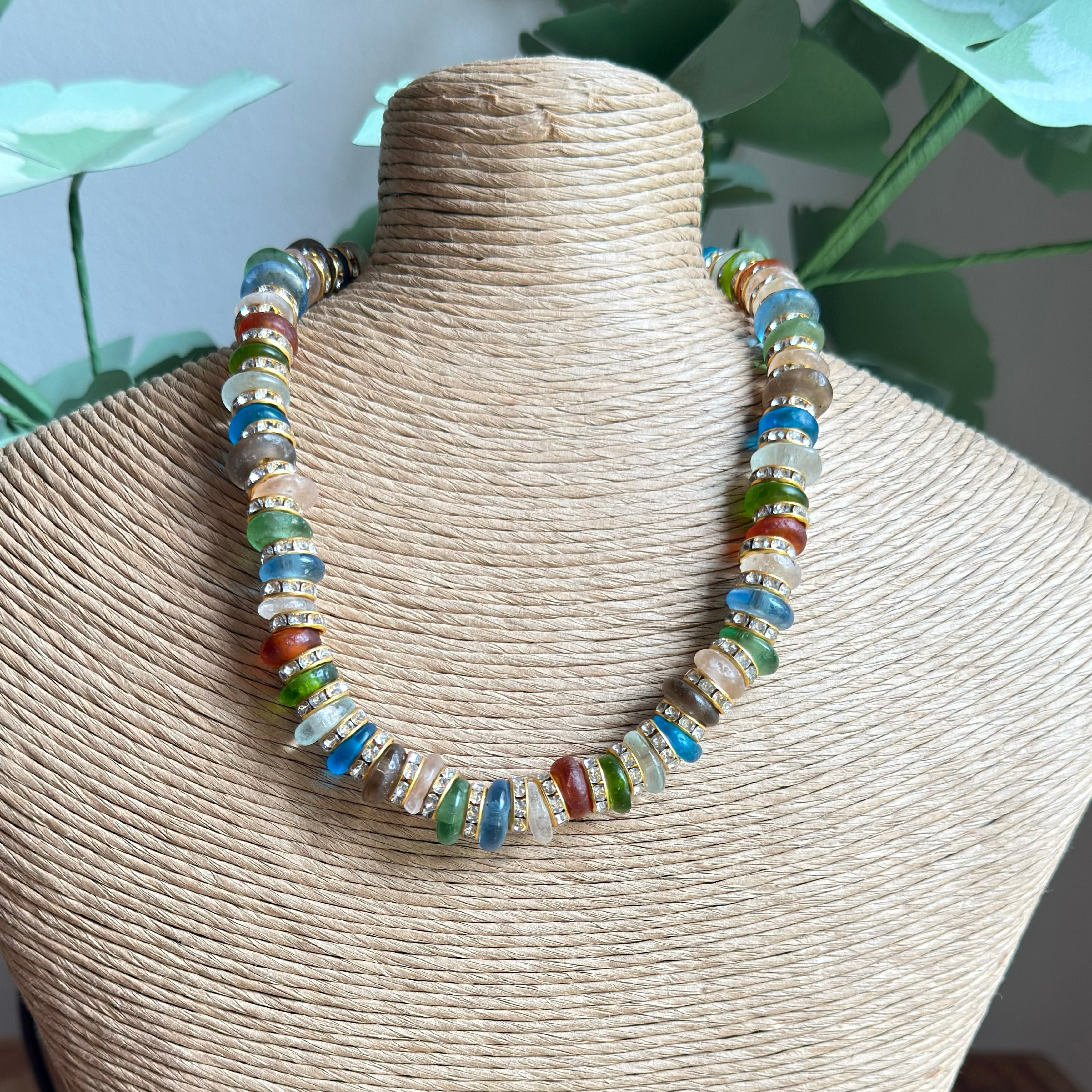 Neutral Glass Bead & Crystal Necklace