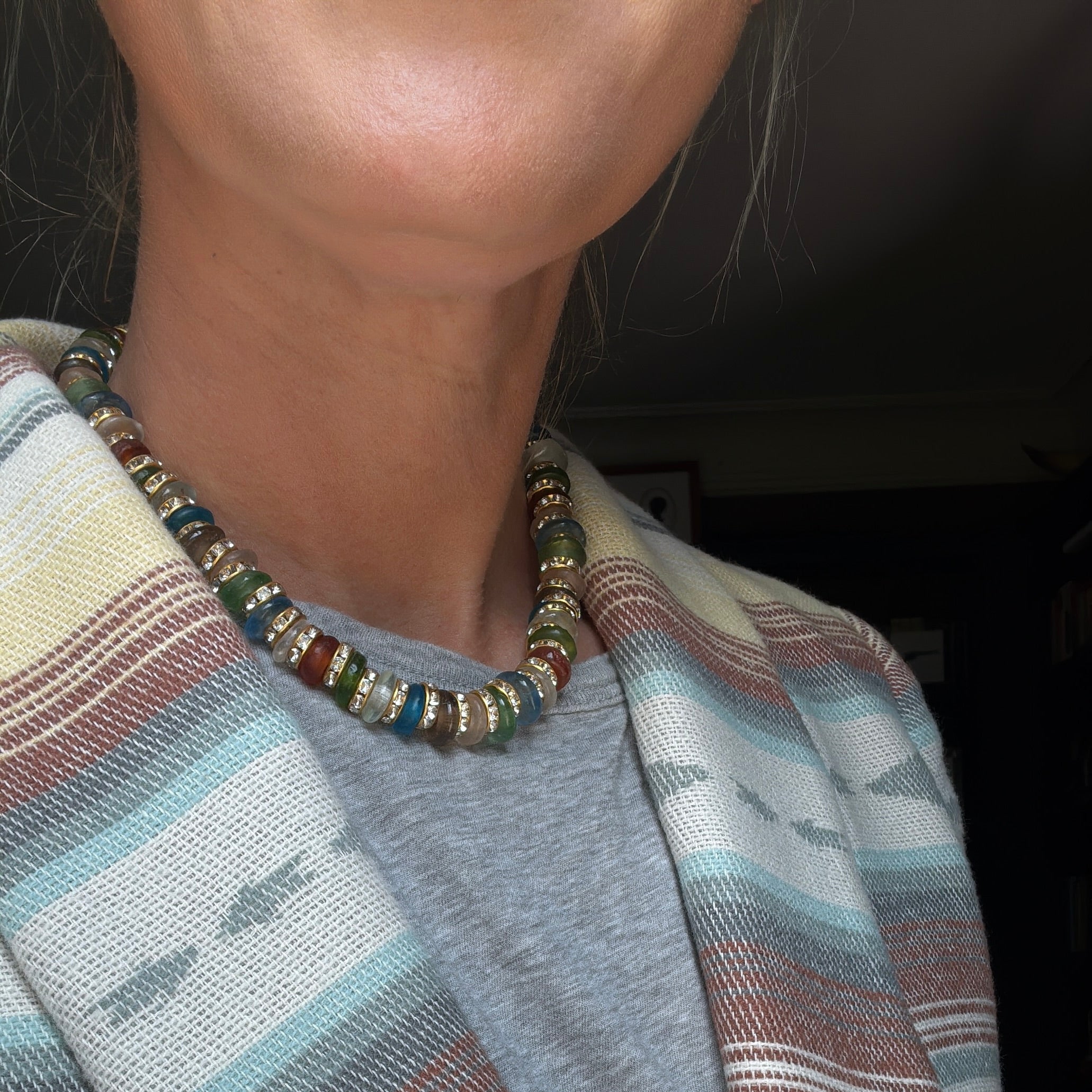 Neutral Glass Bead & Crystal Necklace