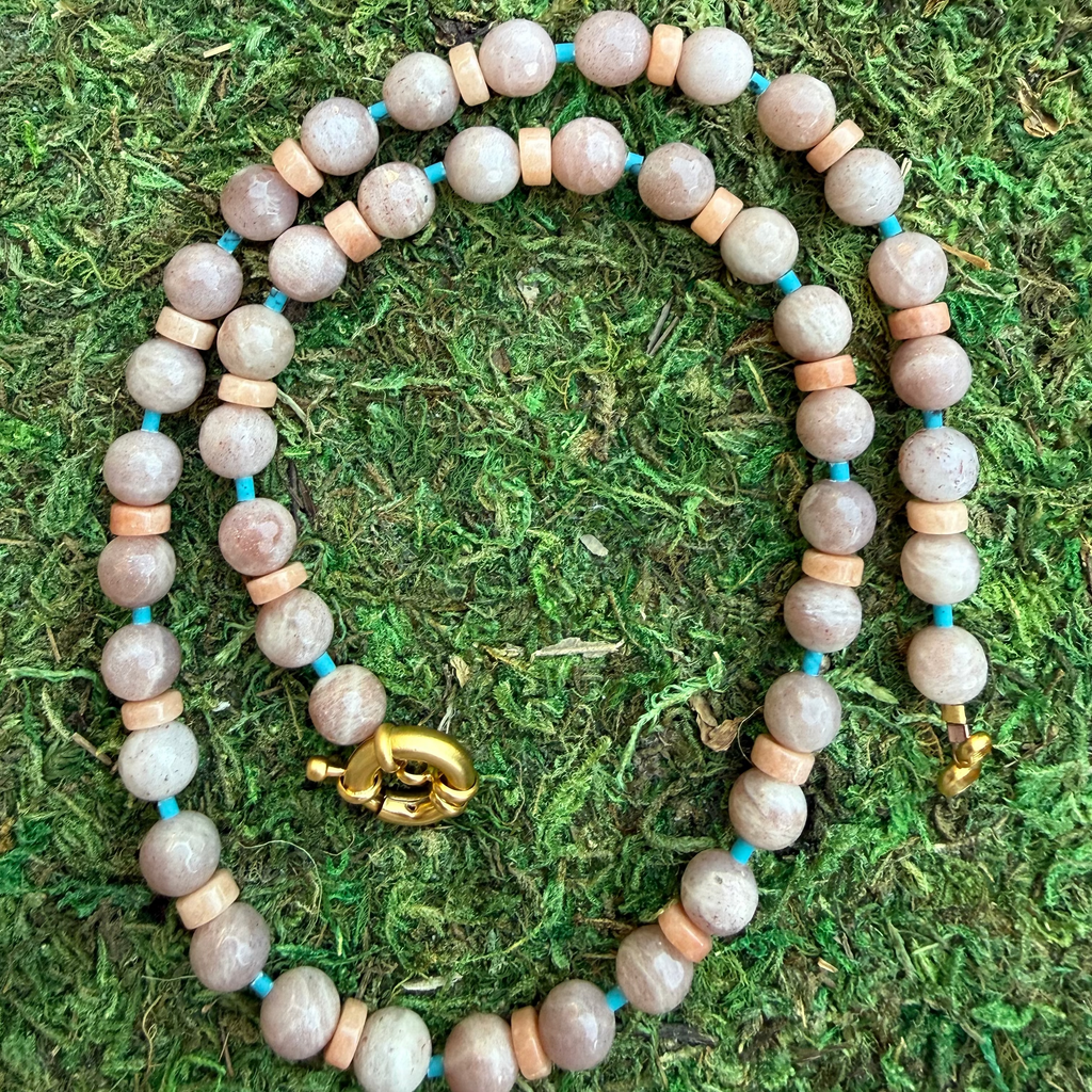 Tan with Turquoise Mixed Bead Necklace